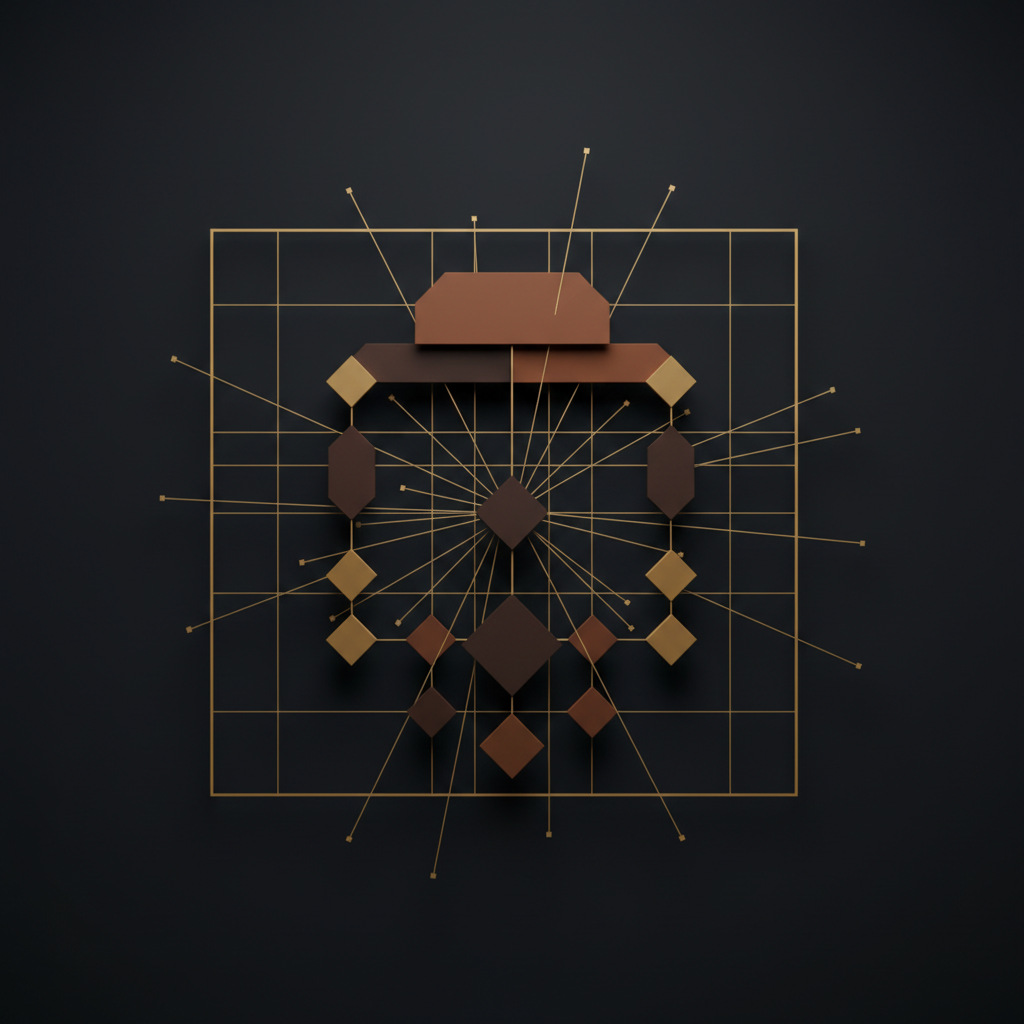 Abstract geometric diagram of interconnected angular lines in gold and amber on a dark background, suggesting organizational structure and leadership