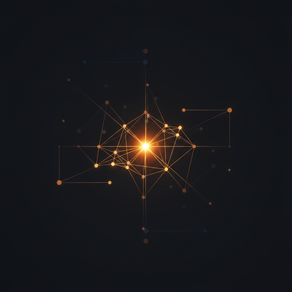 Abstract network graph visualization showing a single bright node illuminating a web of connections against a dark background, representing viral growth and open source momentum