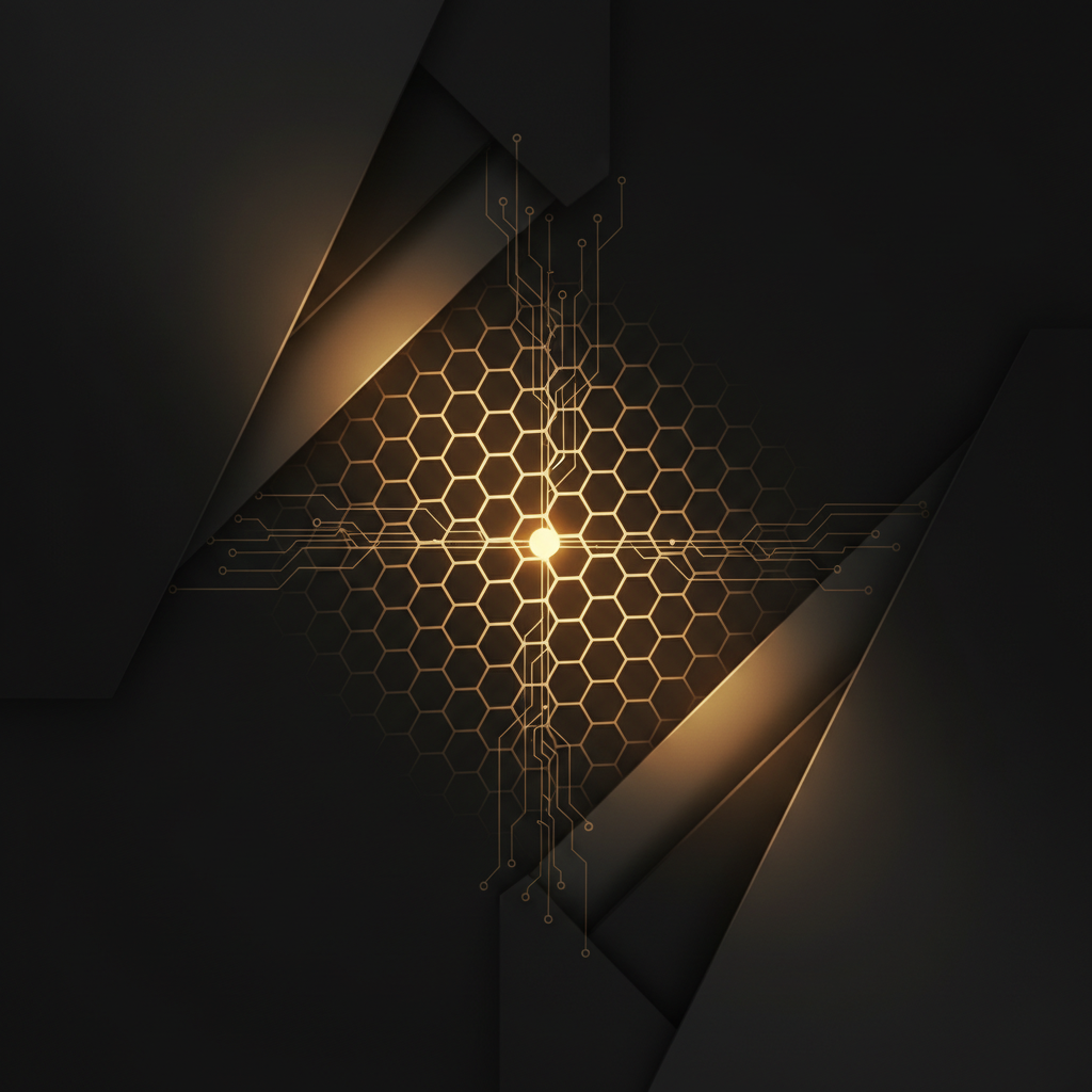Abstract dark background with glowing gold geometric grid lines radiating from a central point, representing secure in-house AI infrastructure